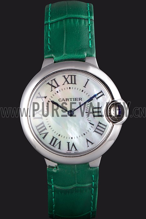 Cartier Ballon Bleu Silver Bezel with Pearl Dial Green Leather Band 621552