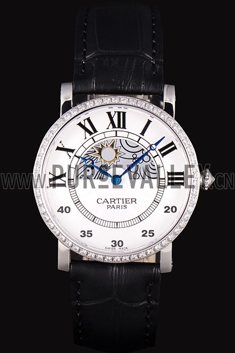 Cartier Moonphase Silver Watch with Black Leather Band ct255 621374