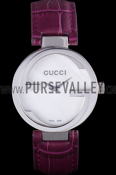 Gucci Interlocking Silver Bezel with Purple Leather Band 621516