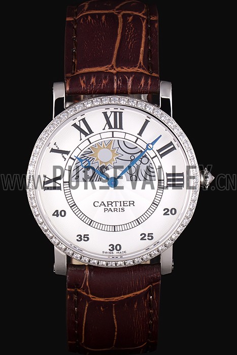 Cartier Moonphase Silver Watch with Brown Leather Band ct256 621375