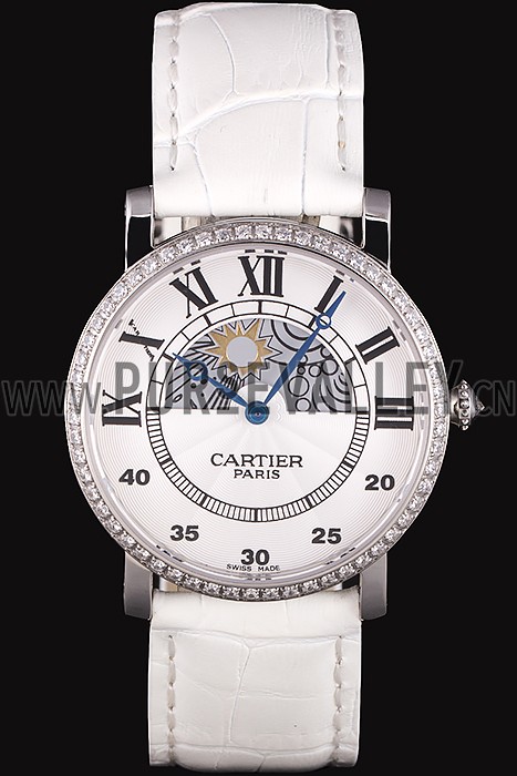 Cartier Moonphase Silver Watch with White Leather Band ct257 621376