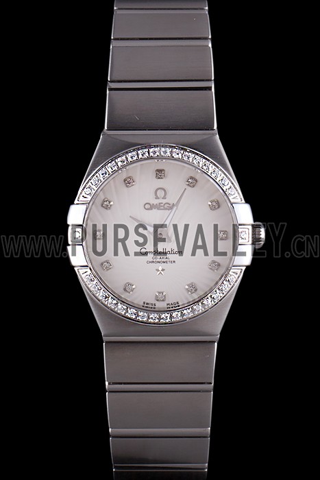 Swiss Lady Omega Constellation Crystal Encrusted Bezel Silver Radial Dial 80291
