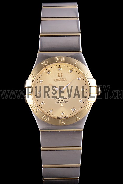 Swiss Lady Omega Constellation Stainless Steel Bracelet Golden Dial 80292