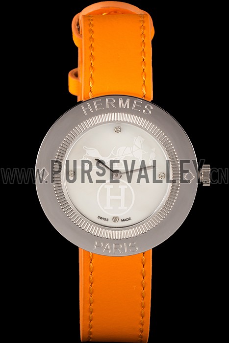 Hermes Classic MOP Dial Orange Leather Bracelet 801390