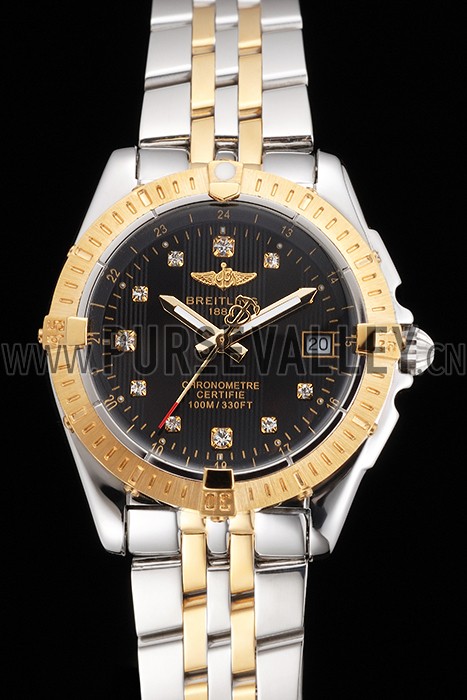 Breitling Colt Lady Black Dial Diamond Hour Marks Gold Bezel Stainless Steel Case Two Tone Bracelet