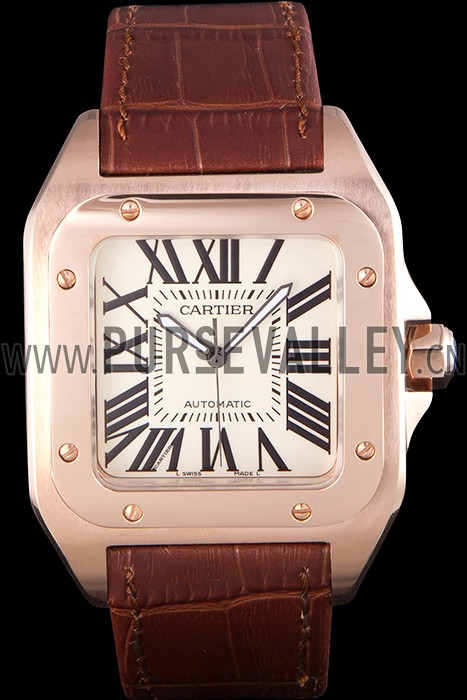 Swiss Cartier Santos Rose Gold with Brown Leather Strap 621522
