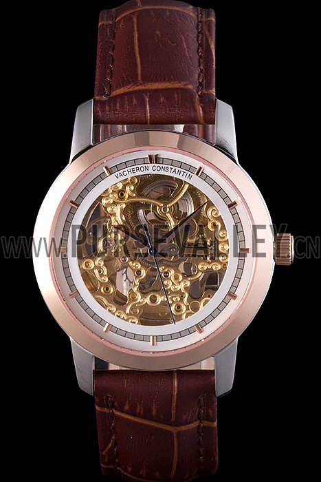 Vacheron Constantin White Skeleton Watch with Rose Gold Bezel and Brown Leather Strap 621539