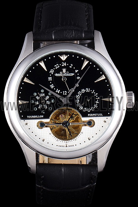 Jaeger Lecoultre Tourbillon Perpetuel Silver Bezel Black Leather Band 621614