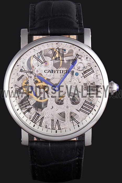 Cartier Luxury Skeleton Watch with Silver Bezel and Black Leather Band 621559
