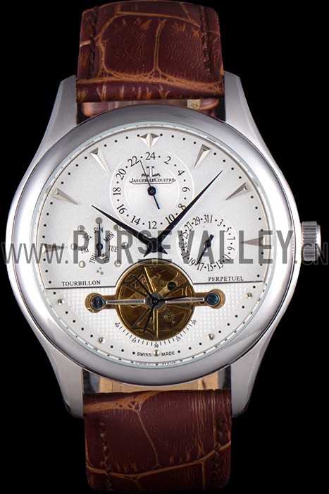Jaeger Lecoultre Tourbillon Perpetuel Silver Bezel Brown Leather Band 621617