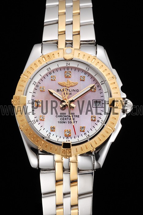 Breitling Colt Lady Pink Dial Diamond Hour Marks Gold Bezel Stainless Steel Case Two Tone Bracelet