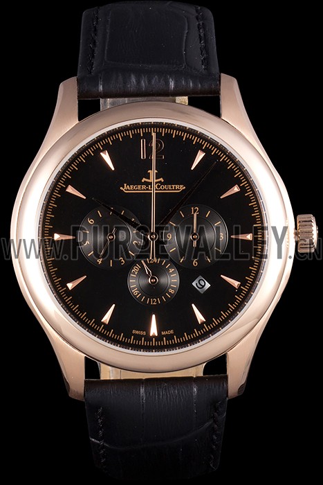 Jaeger Lecoultre Master Chronograph Gold Bezel Black Leather Band 621619