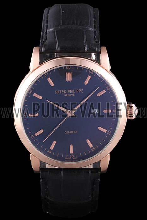 Patek Philipe Calatrava Roze Gold Polished Bezel Black Leather Bracelet 801432