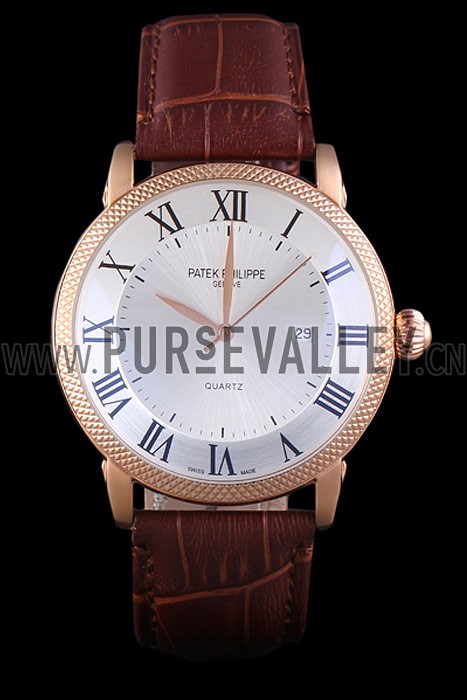 Patek Philipe Calatrava Roze Gold Ribbed Bezel Brown Leather Bracelet 801434