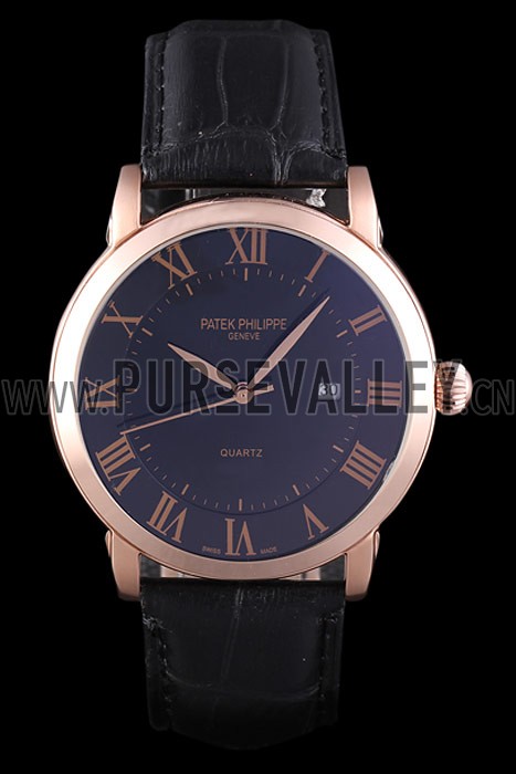 Patek Philipe Calatrava Roze Gold Polished Bezel Black Leather Bracelet 801435