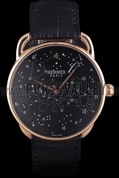 Hermes Classic Croco Leather Strap Black Dial 801405