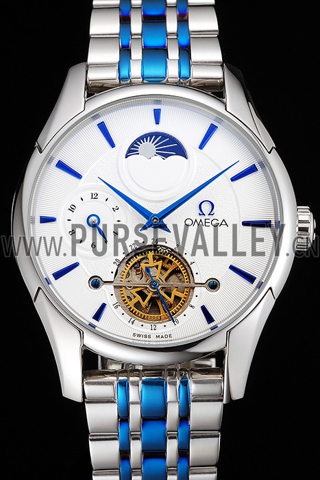 Omega De Ville Moonphase Tourbillon White Dial Stainless Steel Case Two Tone Steel Blue Bracelet