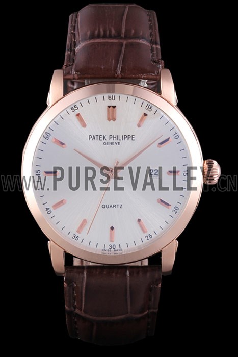 Patek Philipe Calatrava Roze Gold Polished Bezel Brown Leather Bracelet 801430