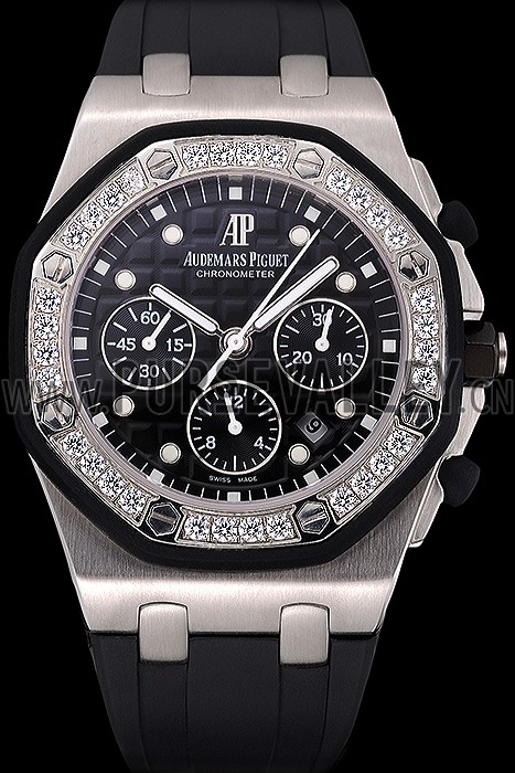 Swiss Audemars Piguet Royal Oak Chronometer Black Dial Diamond Bezel Stainless Steel Case Black Rubber Strap 622867