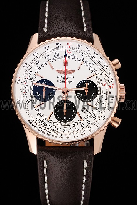 Swiss Breitling Navitimer 01 White Dial Black Subdials Rose Gold Case Brown Leather Strap