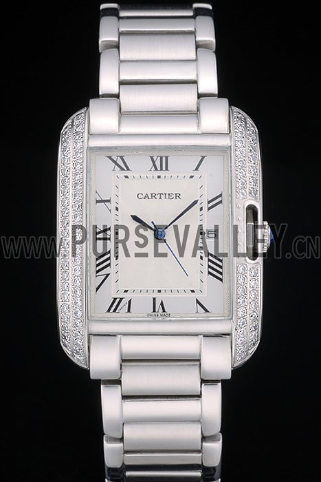 Cartier Tank Anglaise 30mm White Dial Diamonds Steel Case Stainless Steel Bracelet