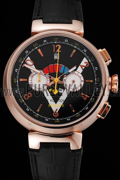 Louis Vuitton Tambour LV Cup Regate Black and White Dial Rose Gold Case Black Leather Strap