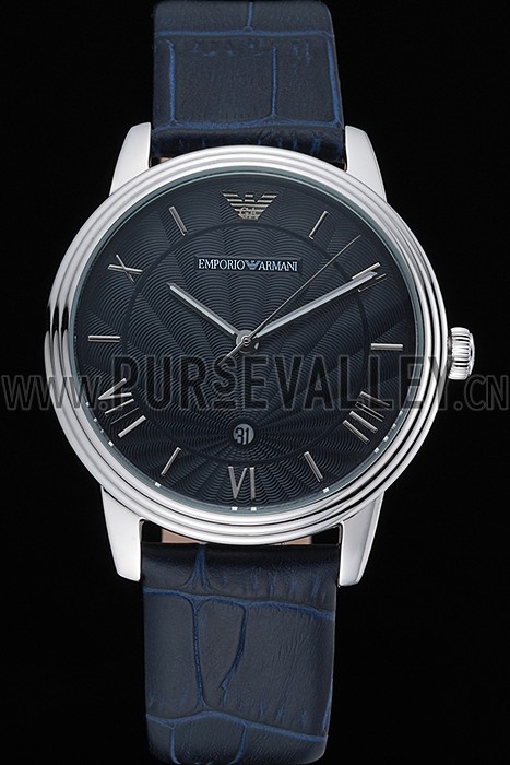 Emporio Armani Classic Dark Blue Dial Silver Case Dark Blue Leather Bracelet 622335