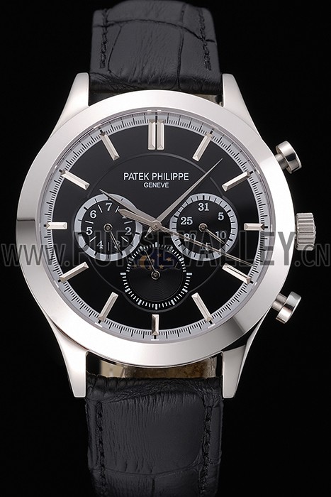 Patek Philippe Moonphase Chronograph Black Dial Stainless Steel Case Black Leather Strap 622842
