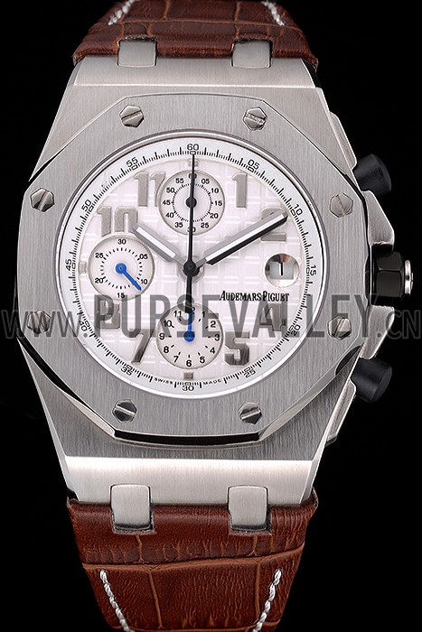 Swiss Audemars Piguet Royal Oak Offshore White Dial Stainless Steel Case Brown Leather Strap 622848