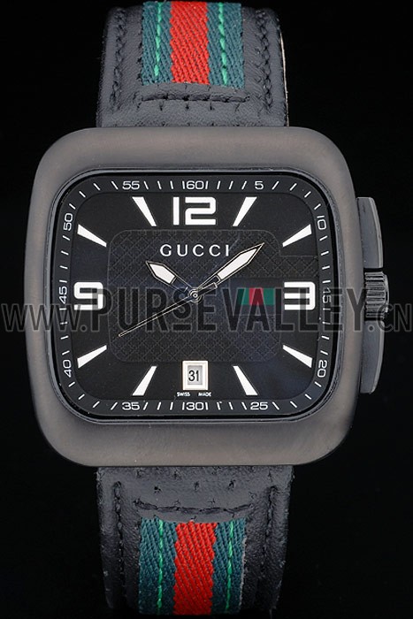 Gucci Black Leather Strap Black Ceramic Bezel Black Dial 80220
