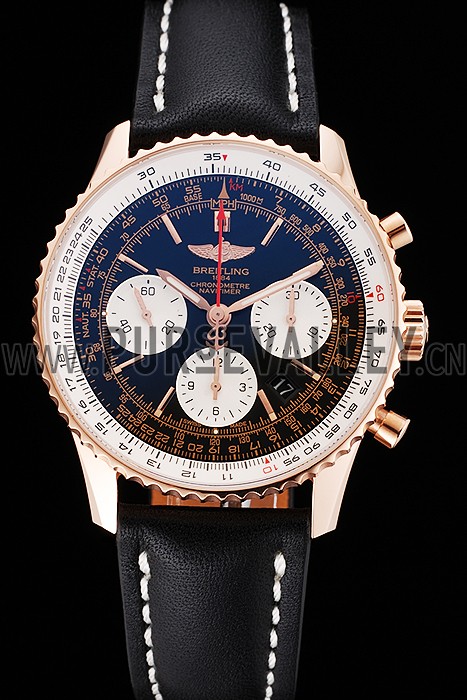Swiss Breitling Navitimer 01 Black Dial White Subdials Rose Gold Case Black Leather Strap