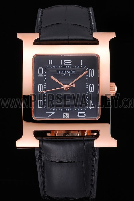 Hermes Heure H Black Dial Gold Case Black Leather Strap