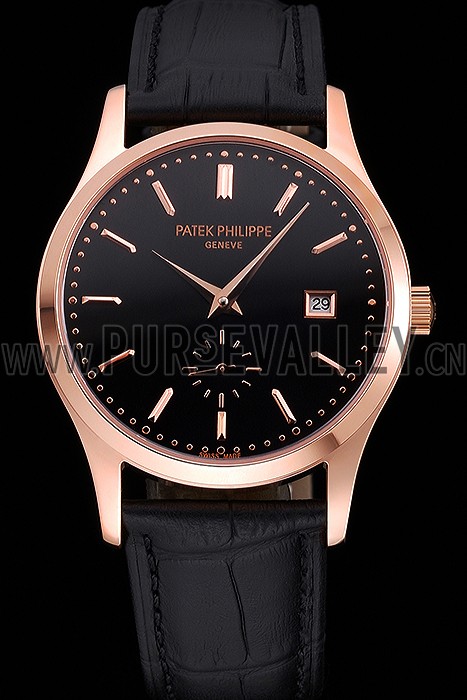 Patek Philippe Calatrava Black Dial Rose Gold Case Black Leather Strap 622835