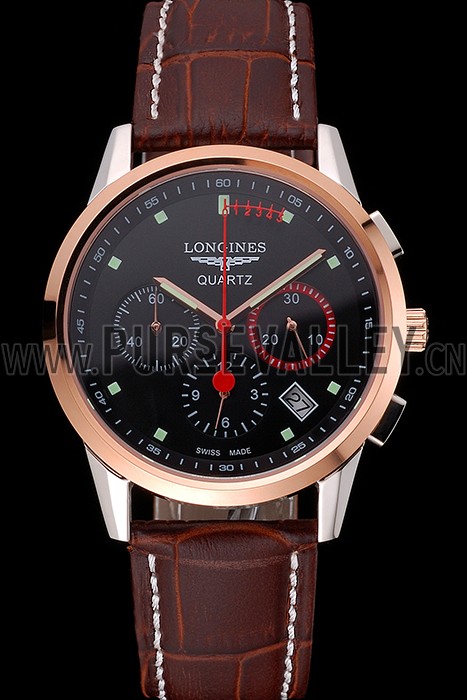 Longines Column Wheel Black Dial Two Tone Case Brown Leather Strap