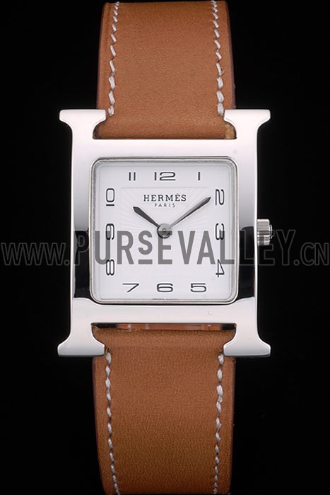 Hermes Heure H Stainless Steel Polished Bezel Tan Leather Strap White Dial 80230