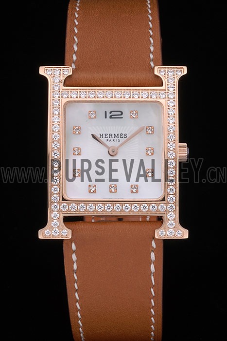 Hermes Heure H Rose Gold Diamond Encrusted Bezel Tan Leather Strap White Dial 80236