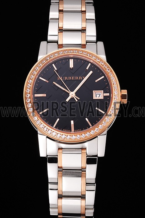 Burberry The City Black Dial Rose Gold Diamond Bezel Stainless Steel Case Two Tone Bracelet