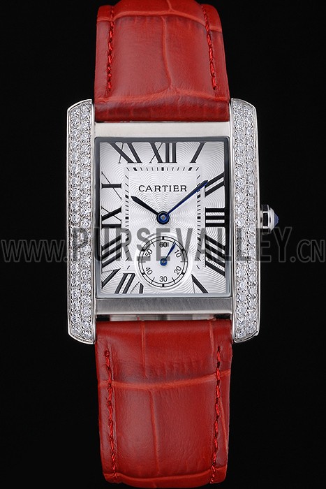 Cartier Tank MC Stainless Steel Diamond Case White Dial Red Leather Strap 622173