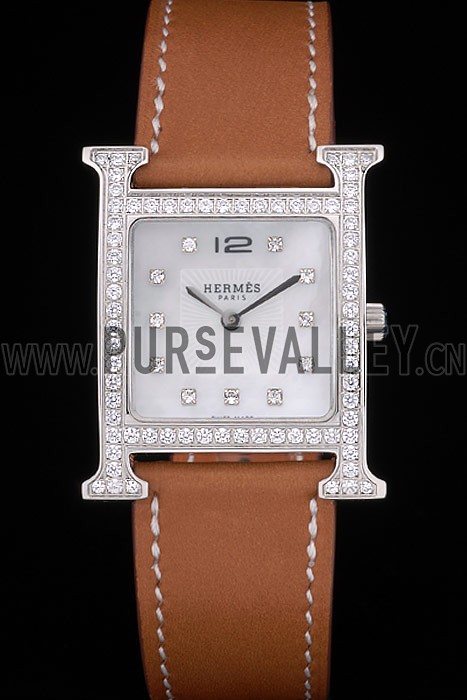 Hermes Heure H Stainless Steel Diamond Encrusted Bezel Tan Leather Strap White Dial 80232
