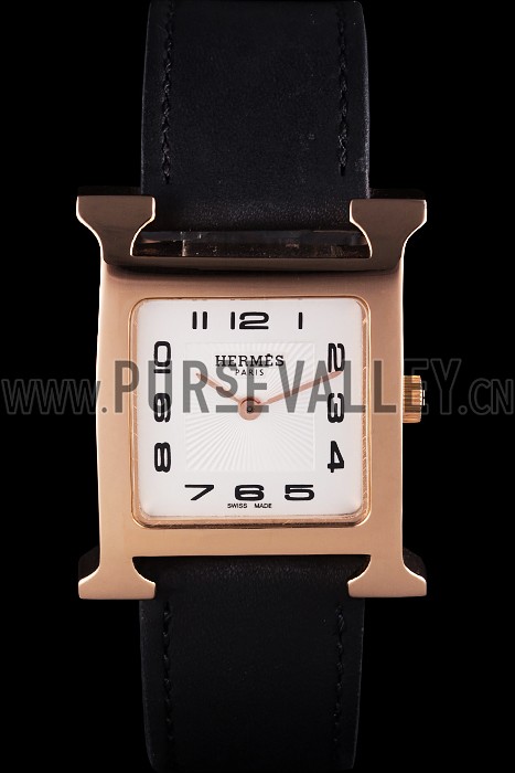 Hermes Heure H Rose Gold Bezel Black Leather Strap White Dial 80235
