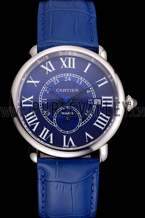 Cartier Ronde Louis Cartier Blue Dial Stainless Steel Case Blue Leather Strap