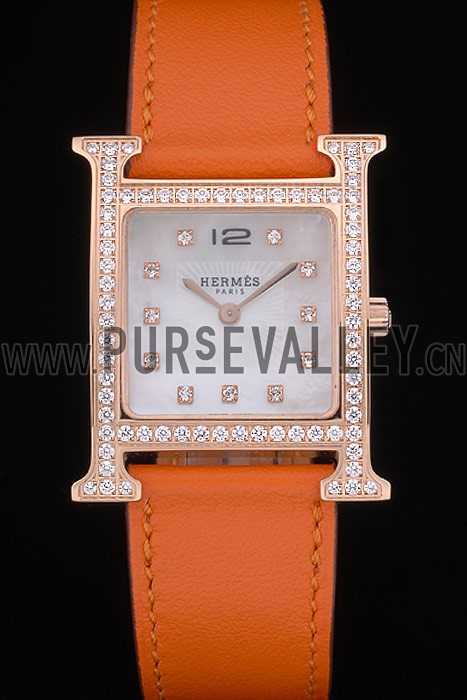 Hermes Heure H Rose Gold Diamond Encrusted Bezel Orange Leather Strap White Dial 80237