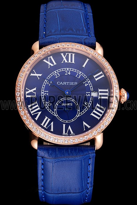 Cartier Ronde Louis Cartier Blue Dial Gold Case Diamond Bezel Blue Leather Strap