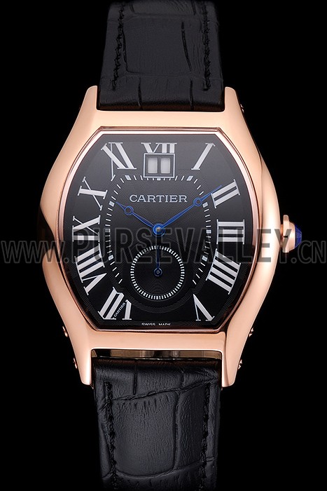 Cartier Tortue Large Date Black Dial Gold Case Black Leather Strap