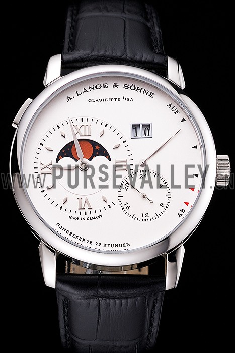 A. Lange & Sohne Grand Lange 1 Moon Phase White Dial Stainless Steel Case Black Leather Strap