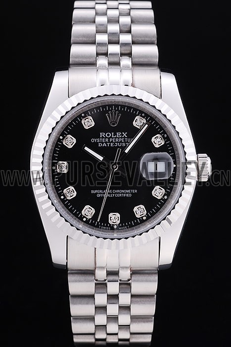 Rolex Datejust Black Dial Diamonds Ribbed Bezel 7458