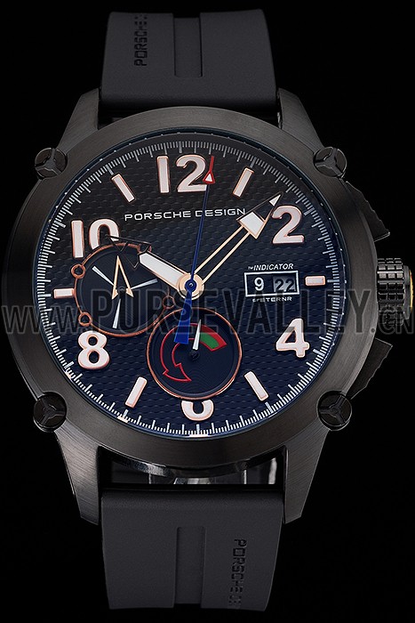 Porsche Design Indicator Black Dial Gold Numerals Black PVD Case Black Rubber Strap