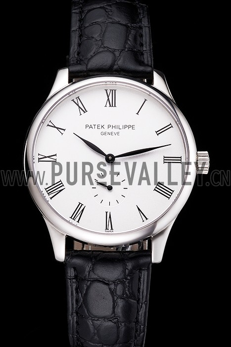 Patek Philippe Calatrava White Dial Stainless Steel Case Black Leather Strap