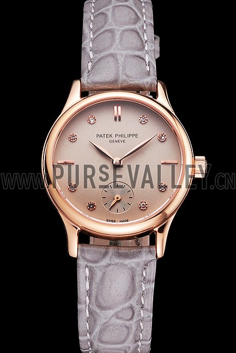 Patek Philippe Calatrava Gray Dial Diamond Markings Rose Gold Case Gray Leather Strap