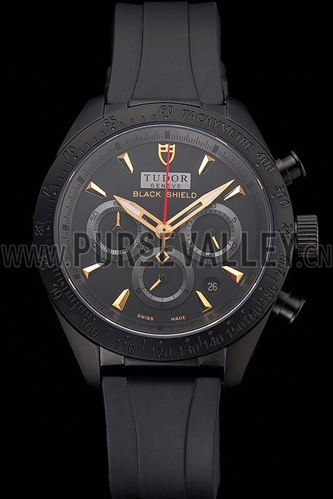Tudor Fastrider Black Shield Black Dial Gold Markings Black Case Black Rubber Strap